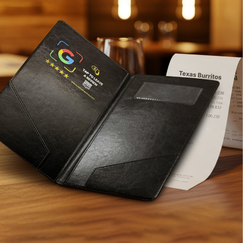 NFC check presenter folder for restaurants — tap to leave a Google review