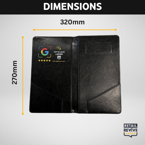 Open black NFC check presenter dimensions: 320 mm wide by 270 mm high